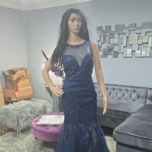 Blue Sequin Embellished Backless Prom Gown